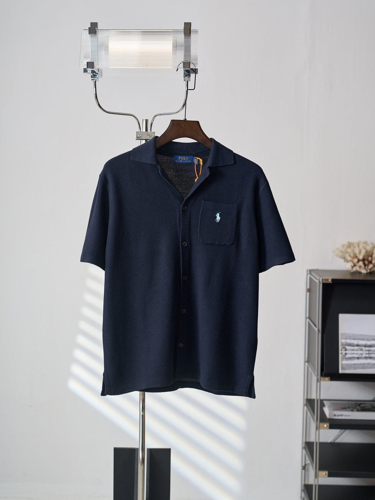 Polo Ralph Lauren Men's Camp‑Collar Button‑Front Waffle‑Knit Short‑Sleeve Shirt, Grey Pony Embroidery